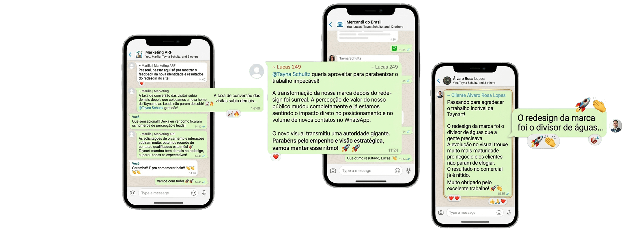 Conversas de WhatsApp com depoimentos de clientes: equipe de marketing da ARF elogiando o aumento de conversão, Mercantil do Brasil parabenizando o redesign de marca, e Álvaro Rosa Lopes agradecendo pelo trabalho na Taynart