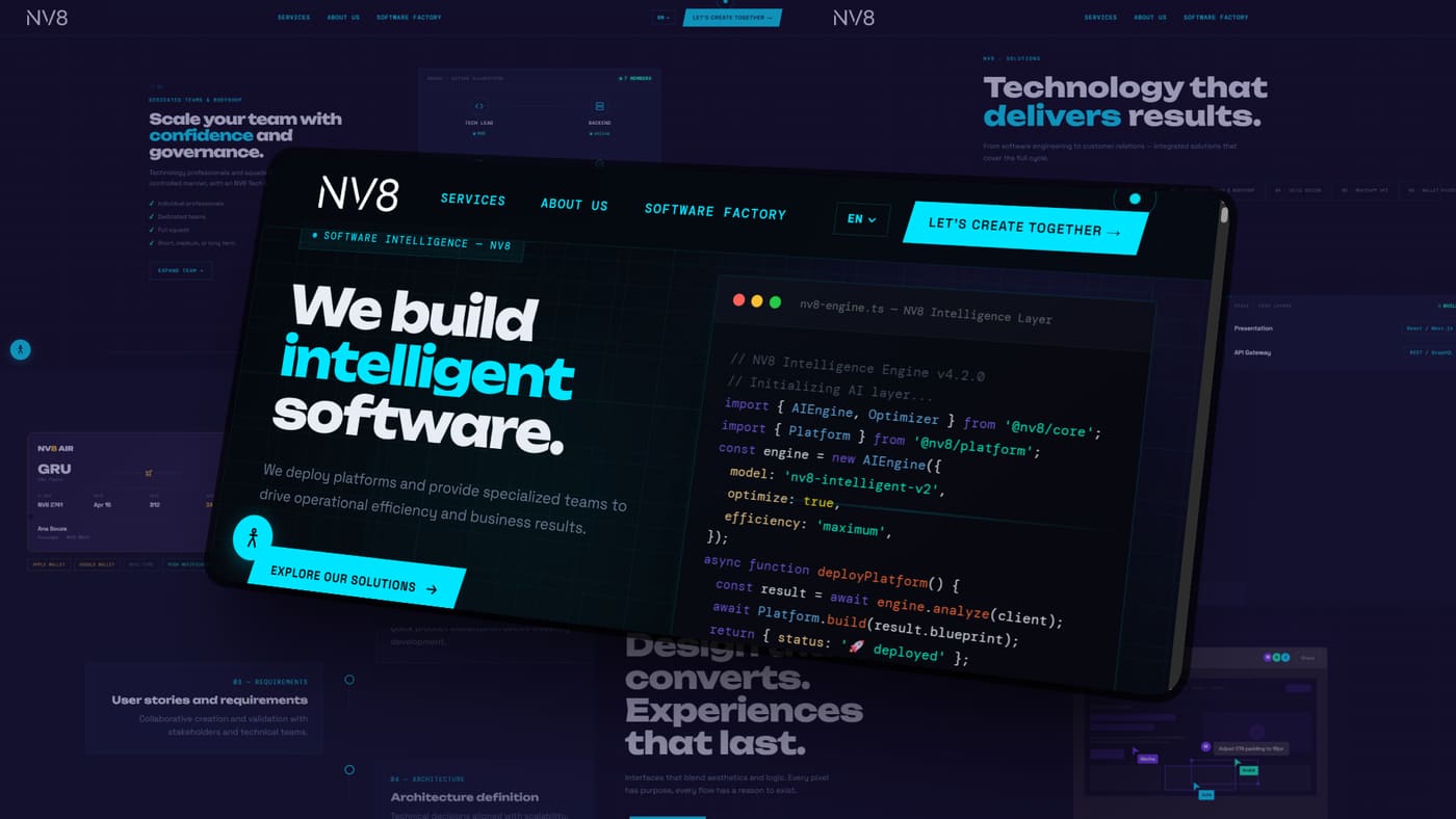 Site atual da NV8, com identidade visual própria e sofisticada